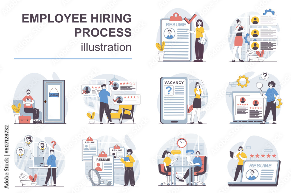 Employee hiring process concept with character situations mega set. Bundle of scenes people choosing best applicant resume to vacancy, find human resources. Vector illustrations in flat web design