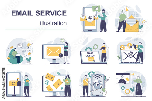 Email service concept with character situations mega set. Bundle of scenes people receiving and sending letters, using mail apps and correspondence delivery. Vector illustrations in flat web design