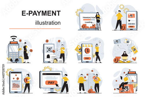 E-payment concept with character situations mega set. Bundle of scenes people paying online for purchases of digital receipt, using secure mobile pay service. Vector illustrations in flat web design