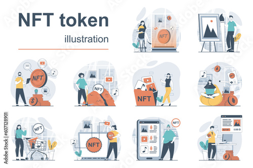 NFT token concept with character situations mega set. Bundle of scenes people creating crypto art, selling or buying digital paintings on virtual marketplaces. Vector illustrations in flat web design