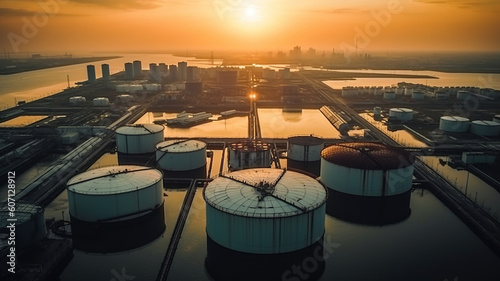 Industrial Oil and Gas Terminal Fuel Storage Tank Farm: Aerial View of Petrochemical Refinery Products Transportation. Commercial Business Trade Energy Logistics Petroleum Industry Port. generative ai