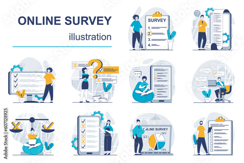 Online survey concept with character situations mega set. Bundle of scenes people giving feedback and answering in questionnaire, gilling survey list form. Vector illustrations in flat web design