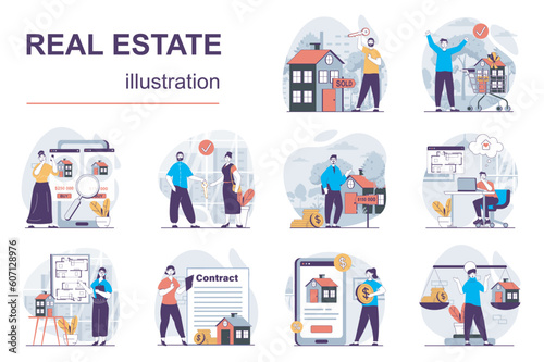 Real estate concept with character situations mega set. Bundle of scenes people buying houses or apartments, making deal contract with realtor, get mortgage. Vector illustrations in flat web design