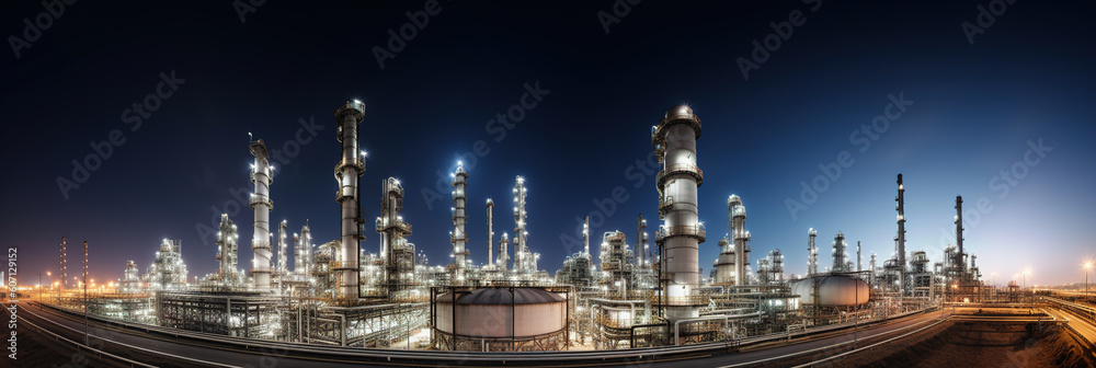 Fototapeta premium Industrial Oil and Gas Refinery Complex: Petrochemical Plant Twilight Aerial View. Engineering Technology Pipeline Infrastructure. Night Industrial Factory Construction for Power Energy. generative ai
