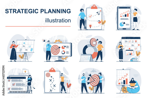 Strategic planning concept with character situations mega set. Bundle of scenes people analyze data statistics, create development plan, improving strategy. Vector illustrations in flat web design