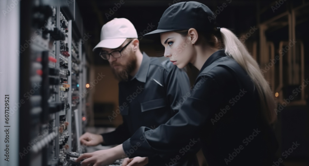 Maintenance engineers workers men and women inspect digital systems. Work at modern heavy industry manufacturing factory. Safety quality inspector control. Engineering Concept. generative ai