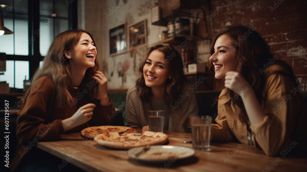 Young Girls Friends Enjoying a Delicious Pizza in a Vibrant Cafe Atmosphere together, Joyful Moments of Sharing, Laughter, Friendship lifestyle and Pizza time at restaurant. generative ai