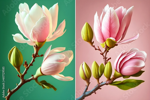 Set of two beautiful tender pink magnolias. Spring and summer  love and romance. Generative AI  illustration
