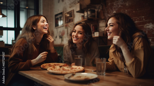 Young Girls Friends Enjoying a Delicious Pizza in a Vibrant Cafe Atmosphere together  Joyful Moments of Sharing  Laughter  Friendship lifestyle and Pizza time at restaurant. generative ai