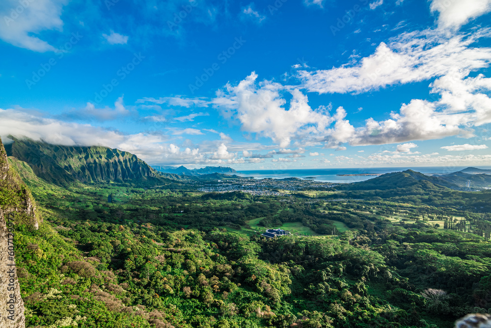 Fototapeta premium Panoramic aerial image from the Pali Lookout on the island of Oahu in Hawaii.