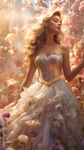 Woman in dress in floral garden. Created with Generative AI