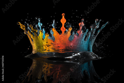 Colourful crown shape paint splash on water, black background. Created with Generative AI.