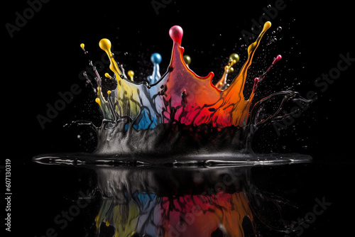 Colourful crown shape paint splash on water, black background. Created with Generative AI.