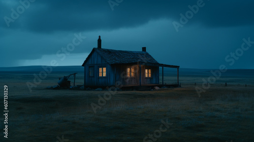 Wooden cabin in Icelandic landscape at dark. Created with generative ai