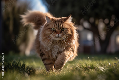 Cat walking in the grass. Created with Generative AI