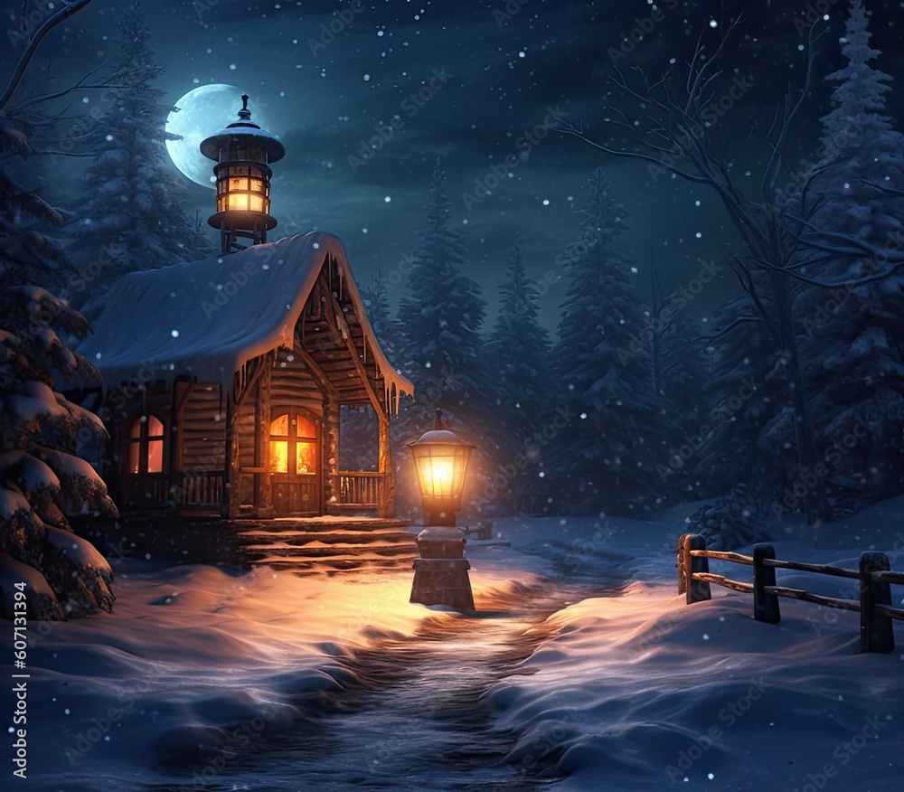 Naklejka premium Christmas candle Lantern in winter garden, snowy evening landscape. christmas holiday background. atmosphere festive winter still life created with Generative AI technology