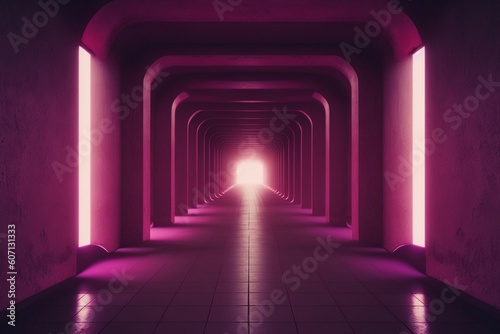 Futuristic underground corridor with colorful lights Generative AI