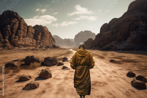 Buddhist monk walking through the desert. AI generative