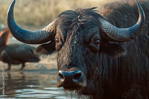 A buffalo drinks water at a watering hole, a bird is nearby, close-up. Generative AI