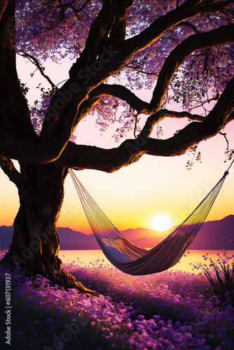 ai generated An evening or lazy morning  at lavender farm with hammock under the ttree photo