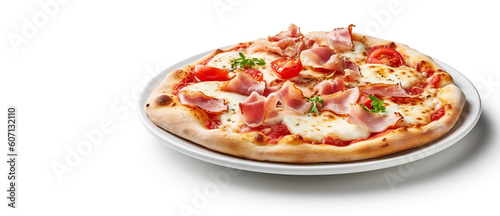 Traditional italian pizza with tomato, ham, cheese, mozzarella, restaurant kitchen concept, copy space