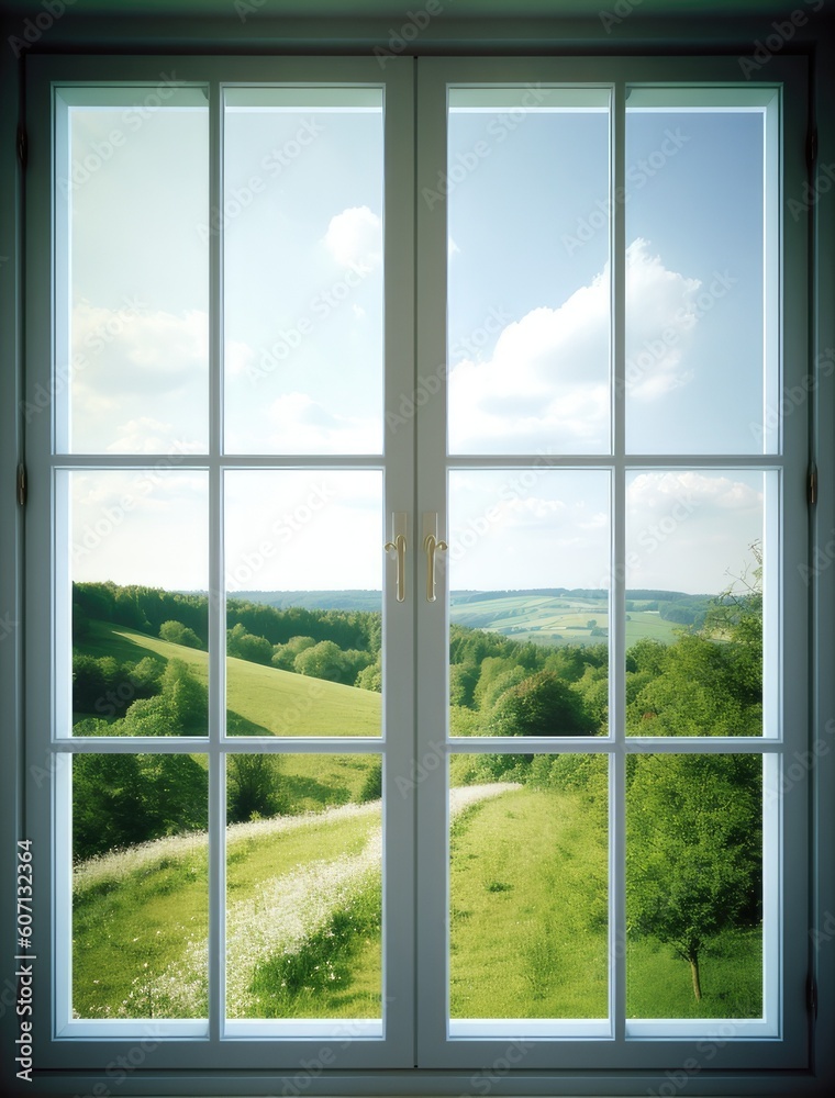 Modern residential window and trees and sky behind created with Generative AI technology Modern residential window and trees and sky behind created with Generative AI technology