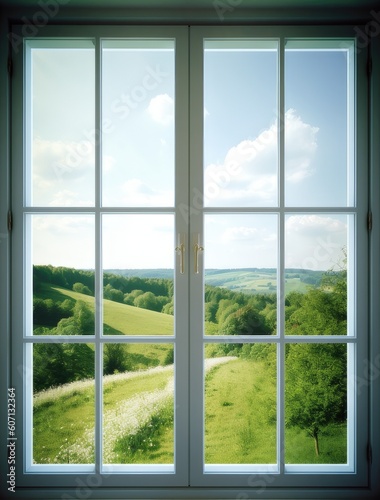 Modern residential window and trees and sky behind created with Generative AI technology © lililia
