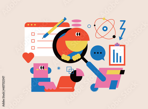 Financial data analysis illustration set. 
Abstract geometric shapes, cute funny elements compositions in doodle style. Data and finance management concept. network business.