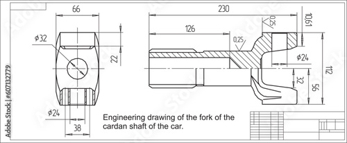 Vector engineering drawing of the fork of the 
cardan shaft of the car. 
Cad scheme. Design documentation.
Mechanical background.