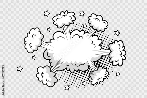 Retro monochrome pop art frame. Background with smoke clouds wind and halftone. Funny shapes in comic stylewith balloon. Cartoon bomb explosion. Sky air banner. Vector illustration