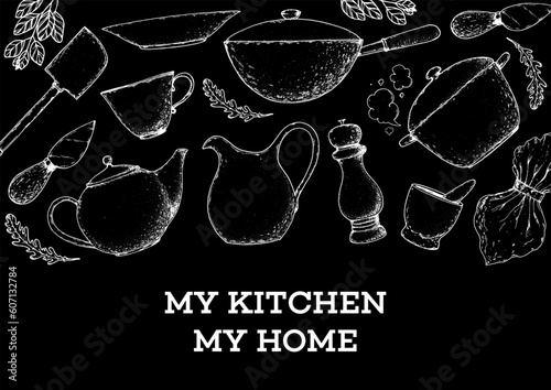 Kitchenware frame. Kitchen utensils sketch. Hand drawn vector illustration. Knife, spatula, spice grinder, stewpot, cups, plates, napkin, kettle