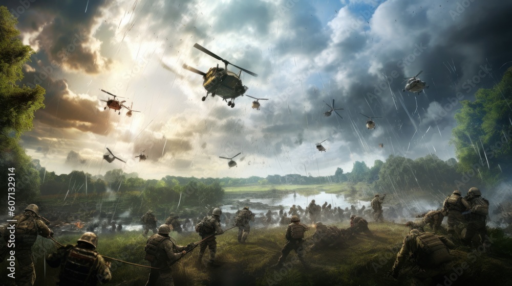 Visualize a thrilling airborne assault, with paratroopers descending from the sky, aircraft soaring overhead, and a chaotic battlefield unfolding below Visualize a thrilling airborne assault, with paratroopers descending from the sky, aircraft soaring overhead, and a chaotic battlefield unfolding below