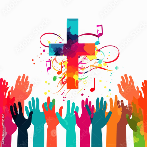Colorful christian cross music notes hands vector illustration