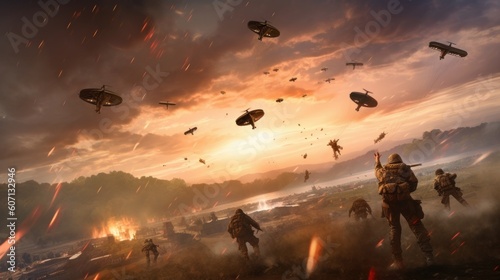 Visualize a thrilling airborne assault, with paratroopers descending from the sky, aircraft soaring overhead, and a chaotic battlefield unfolding below