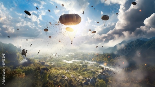 Visualize a thrilling airborne assault  with paratroopers descending from the sky  aircraft soaring overhead  and a chaotic battlefield unfolding below