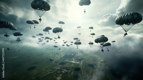 Visualize a thrilling airborne assault, with paratroopers descending from the sky, aircraft soaring overhead, and a chaotic battlefield unfolding below