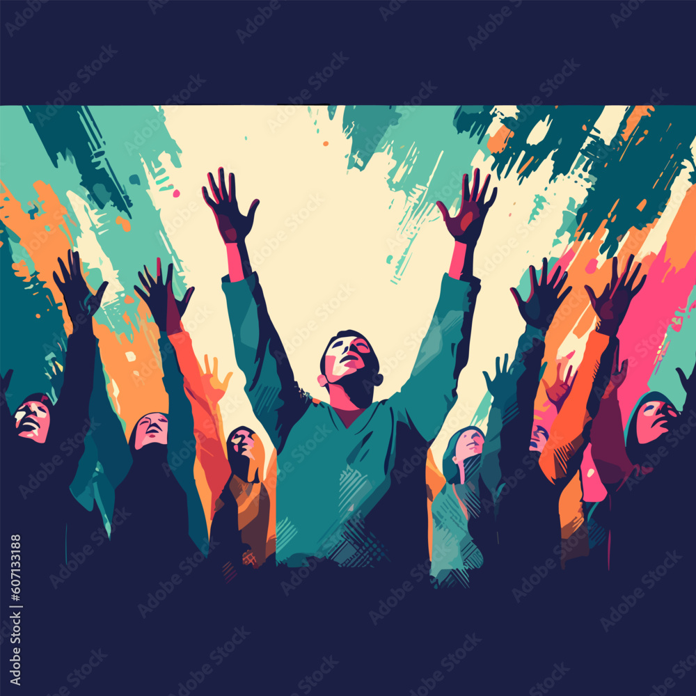 hands raised worship singing looking flat vector illustration - obrazy, fototapety, plakaty 