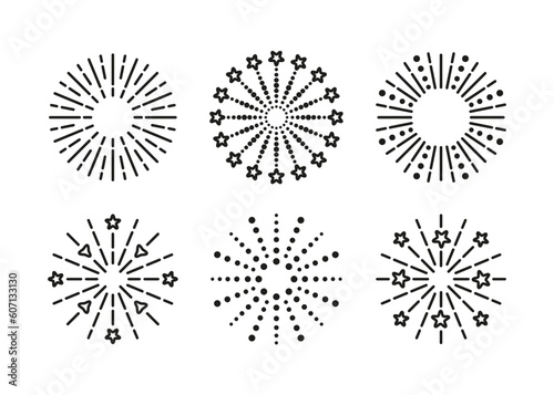 Burst stars  sparks and salute. Firework icon. Linear sparkle explosion set in six items. Happy new year shiny symbol. Vector illustration. Outline birthday party elements.