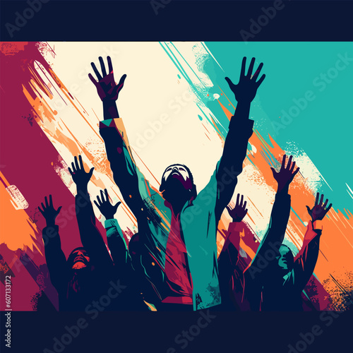 hands raised worship singing looking flat vector illustration