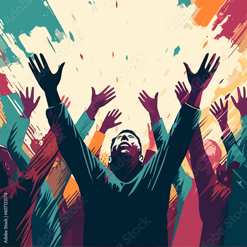 hands raised worship singing looking flat vector illustration