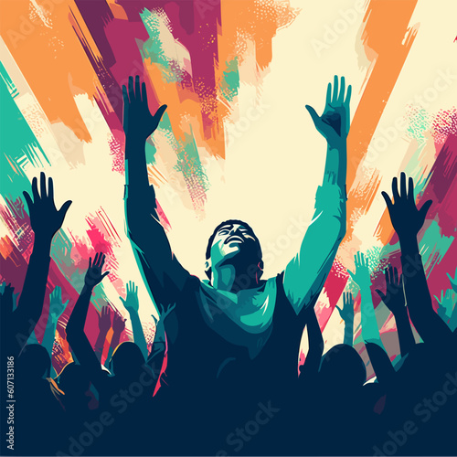 hands raised worship singing looking flat vector illustration