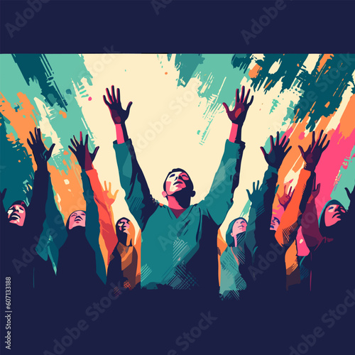 hands raised worship singing looking flat vector illustration