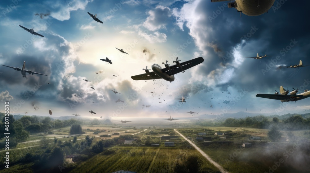 Visualize a thrilling airborne assault, with paratroopers descending from the sky, aircraft soaring overhead, and a chaotic battlefield unfolding below Visualize a thrilling airborne assault, with paratroopers descending from the sky, aircraft soaring overhead, and a chaotic battlefield unfolding below