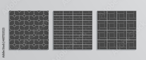 Decorative sidewalk. Paved floor seamless patterns. Slab pavement texture set. Collection of paver tiles. Cobblestone print. Garden stone footpath. Mosaic outdoor background. Vector illustration