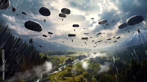 Visualize a thrilling airborne assault, with paratroopers descending from the sky, aircraft soaring overhead, and a chaotic battlefield unfolding below