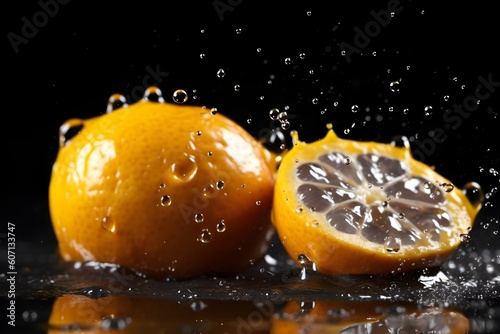 photo fresh halved Orange with water splash on black background. Generative AI