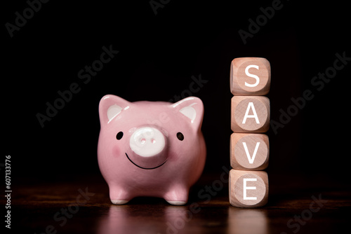 pink piggy bank with save word , business and saving concept