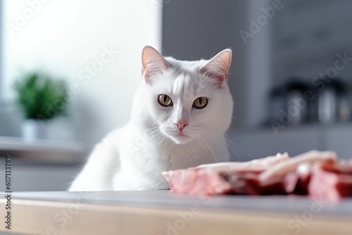 Cat with white fur eats meat, the diet of pets. Fluffy healthy cat. Raw meat and vegetables. Rational healthy balanced diet. Natural feeding. No people. Ai Generative