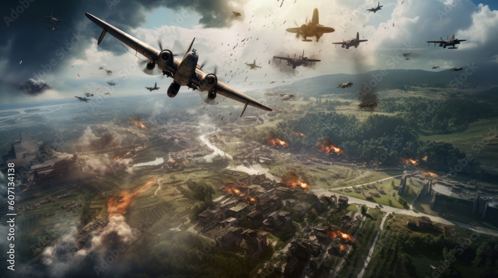 Visualize a thrilling airborne assault, with paratroopers descending from the sky, aircraft soaring overhead, and a chaotic battlefield unfolding below Visualize a thrilling airborne assault, with paratroopers descending from the sky, aircraft soaring overhead, and a chaotic battlefield unfolding below