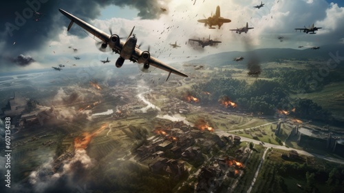 Visualize a thrilling airborne assault, with paratroopers descending from the sky, aircraft soaring overhead, and a chaotic battlefield unfolding below
